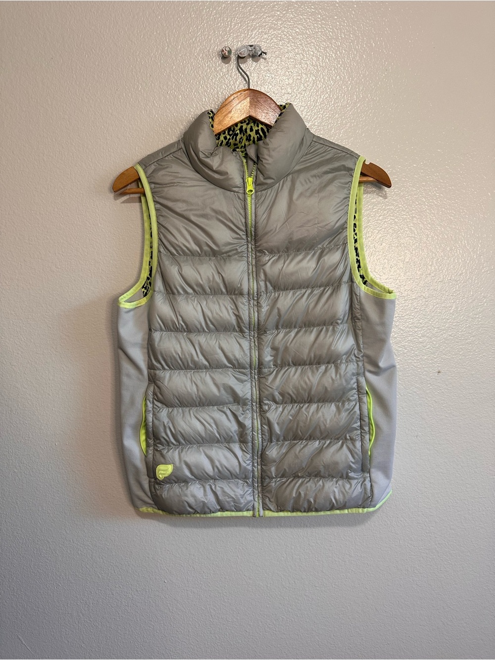 Fabletics Light Gray Quilted Vest with Neon Yellow Trim